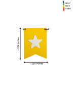 Paper Party Studio yellow cardstock flag bunting with a white star cutout, shown with dimensions for party decor.