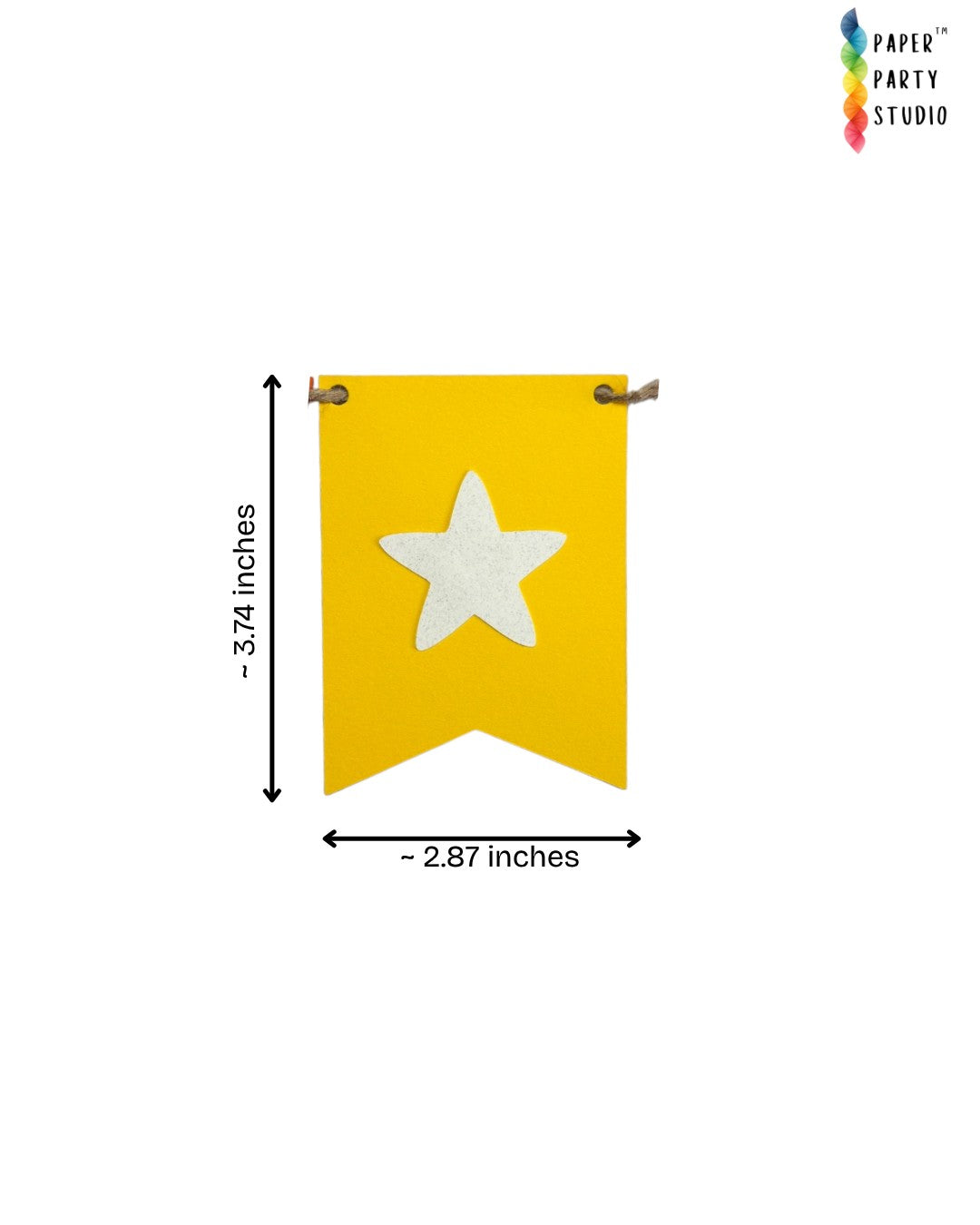 Paper Party Studio yellow cardstock flag bunting with a white star cutout, shown with dimensions for party decor.