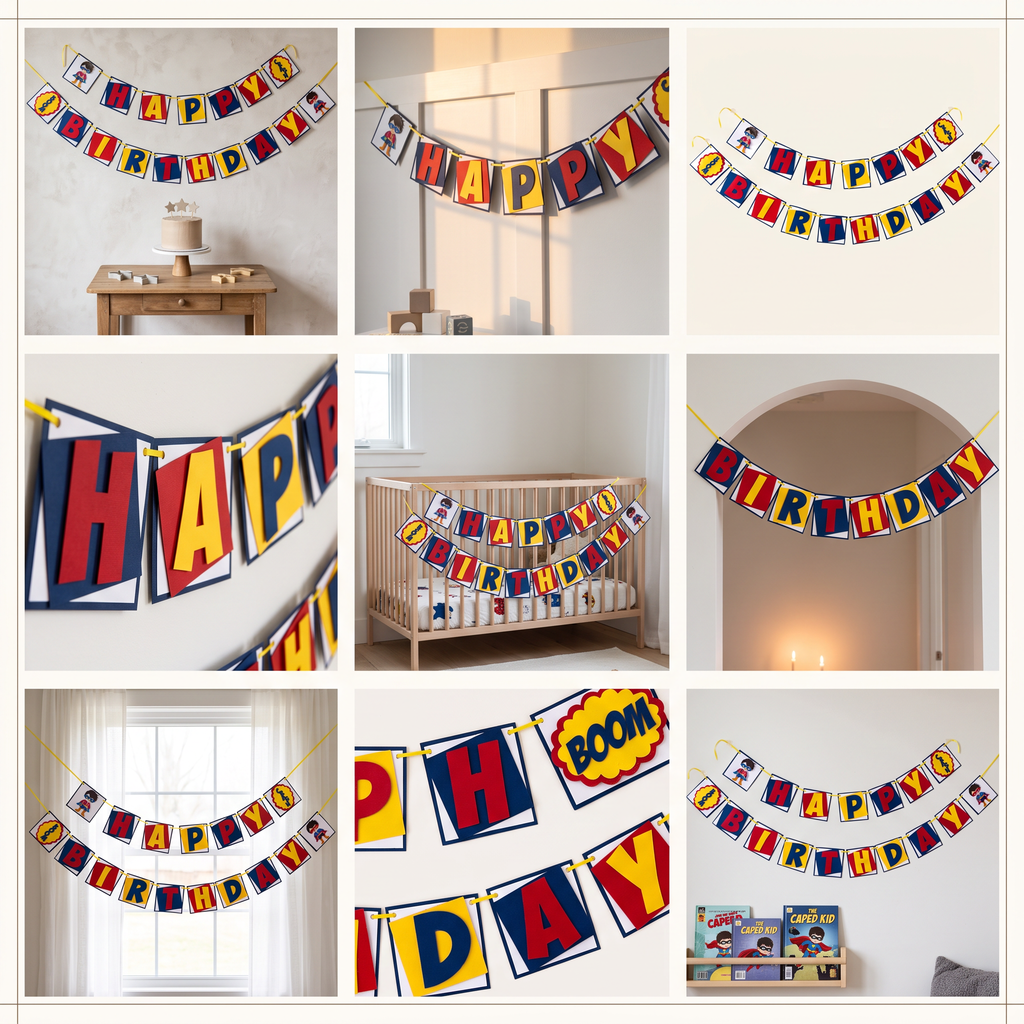 Paper Party Studio superhero birthday banner with red, blue, and yellow comic-style flags for a kids party backdrop.