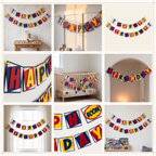 Paper Party Studio superhero birthday banner with red, blue, and yellow comic-style flags for a kids party backdrop.