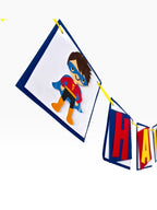 Paper Party Studio superhero birthday banner featuring a masked hero character flag and layered red and yellow letters