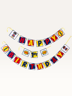 Paper Party Studio superhero birthday banner with red, blue, and yellow comic burst flags and masked hero characters.