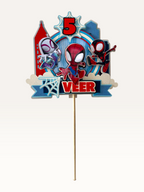 Paper Party Studio personalised superhero city cake topper with masked heroes and age banner