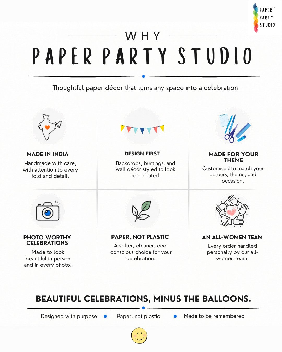 Paper Party Studio infographic highlighting eco-friendly, handmade paper party decor and sustainable celebration values.