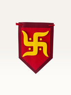 Paper Party Studio red and yellow cardstock pentagon flag featuring a yellow Swastik symbol for festive home decor.