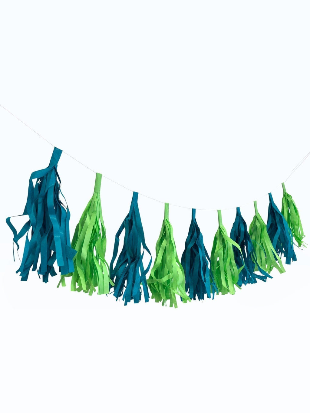 Paper Party Studio blue and green tissue paper tassel garland for party decorations and photo backdrops.