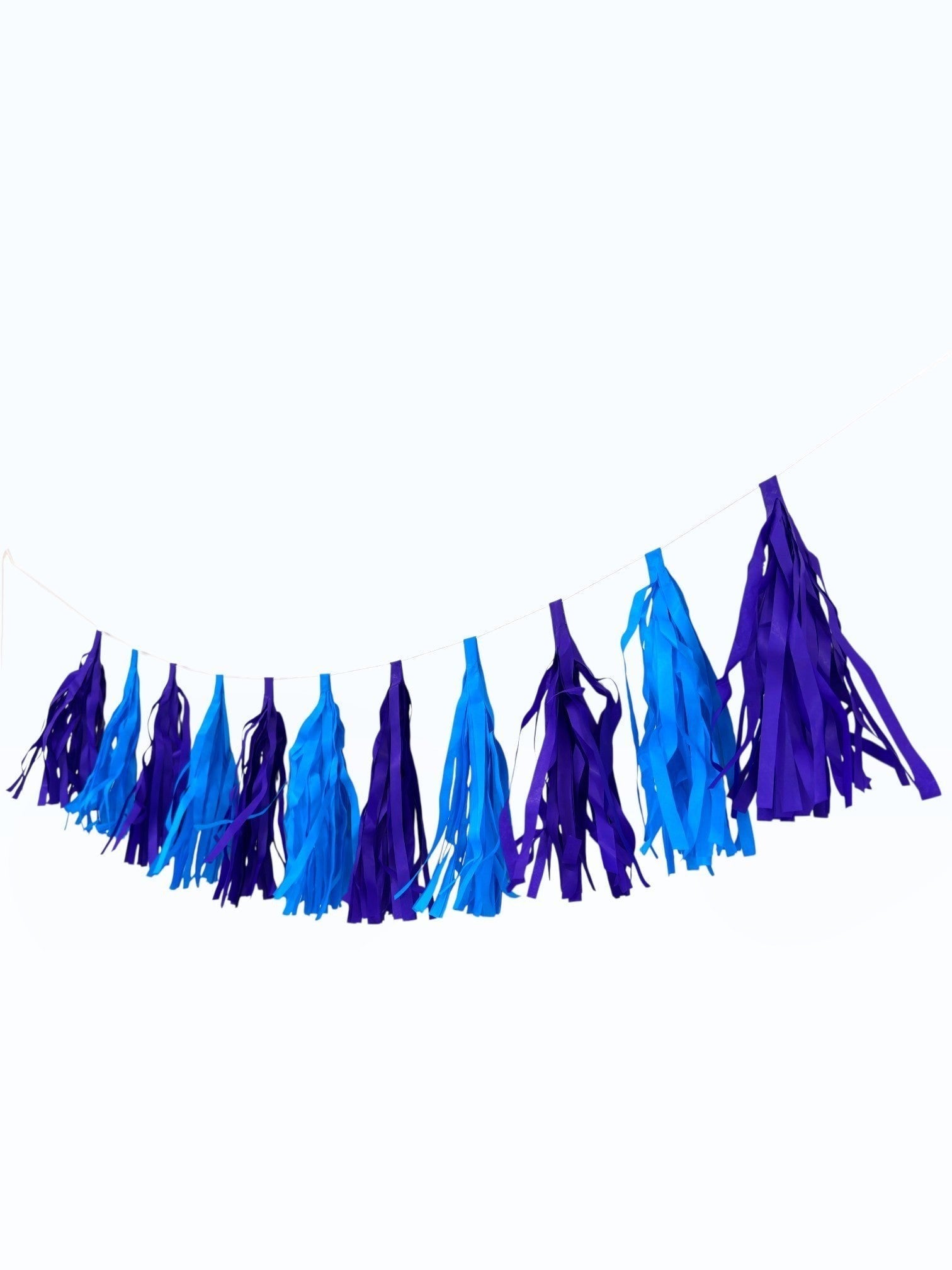 Paper Party Studio blue and purple tissue paper tassel garland for party decorations and photo backdrops.