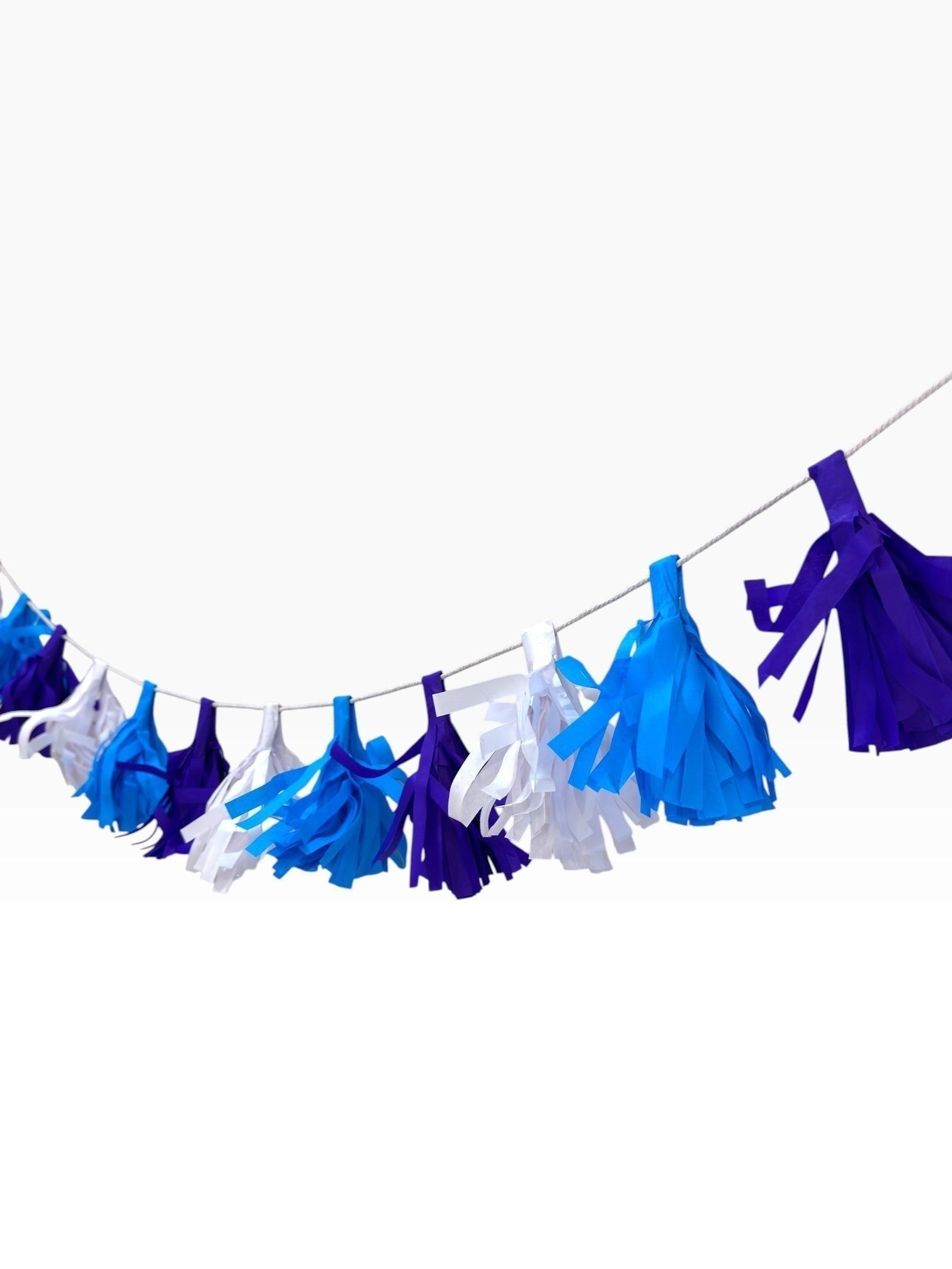 Paper Party Studio handmade tissue paper tassel garland in blue, purple, and white, strung on a fine cord.
