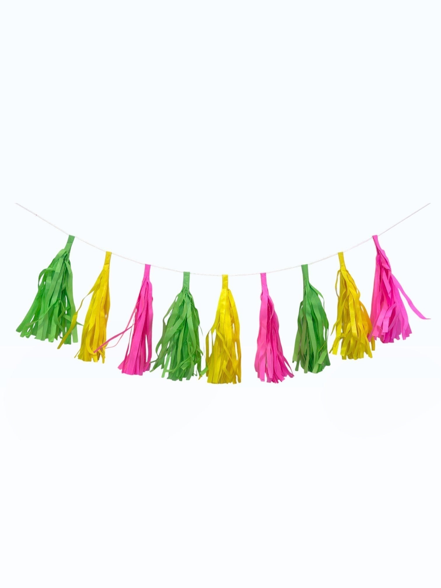 Paper Party Studio handmade tissue paper tassel garland in bright pink, yellow, and green for party decorations.