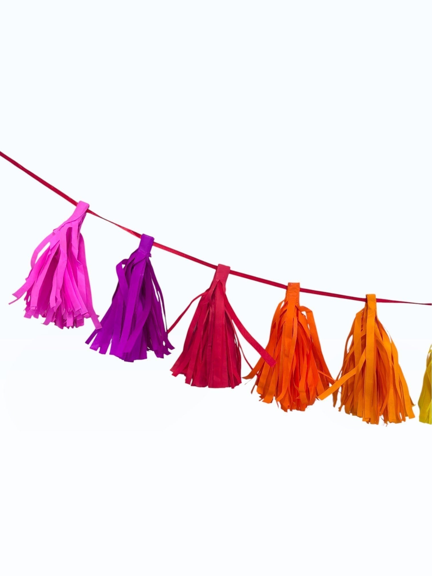 Paper Party Studio handmade tissue paper tassel garland in vibrant pink, purple, red, and orange for party decor.