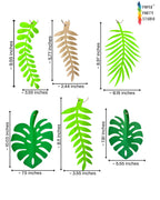 Paper Party Studio tropical leaf garland featuring various green and tan cardstock monstera and fern leaf cutouts.