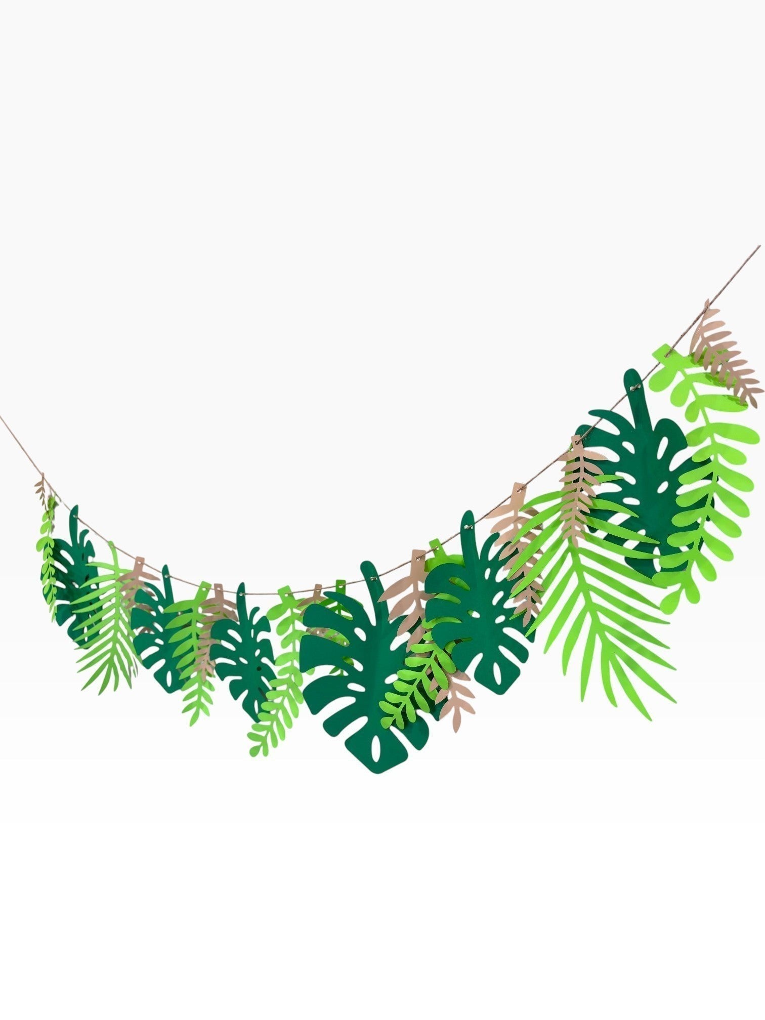Paper Party Studio layered tropical leaf garland in shades of green and tan cardstock.