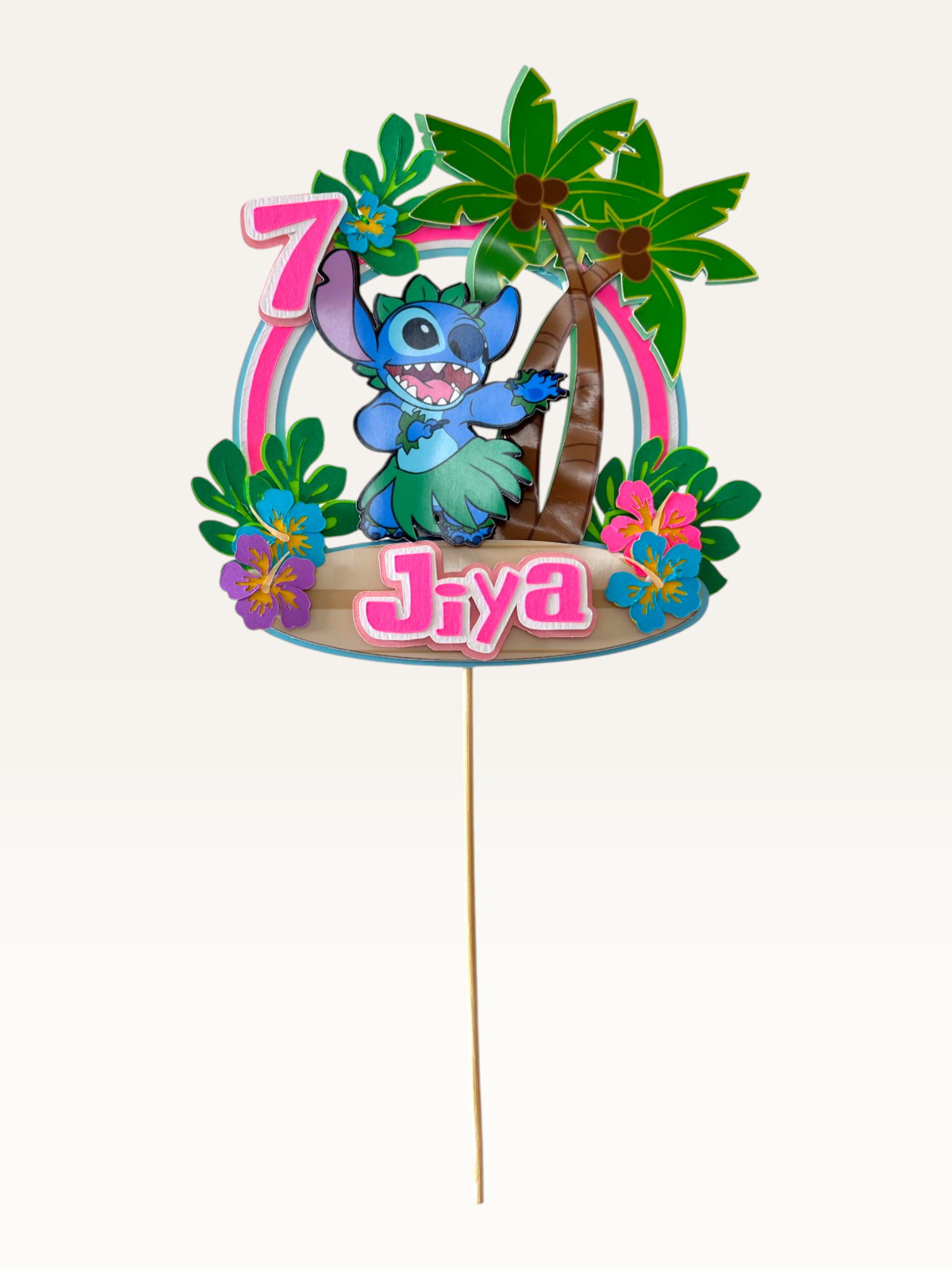 Paper Party Studio tropical luau blue alien cake topper with palm trees and hibiscus