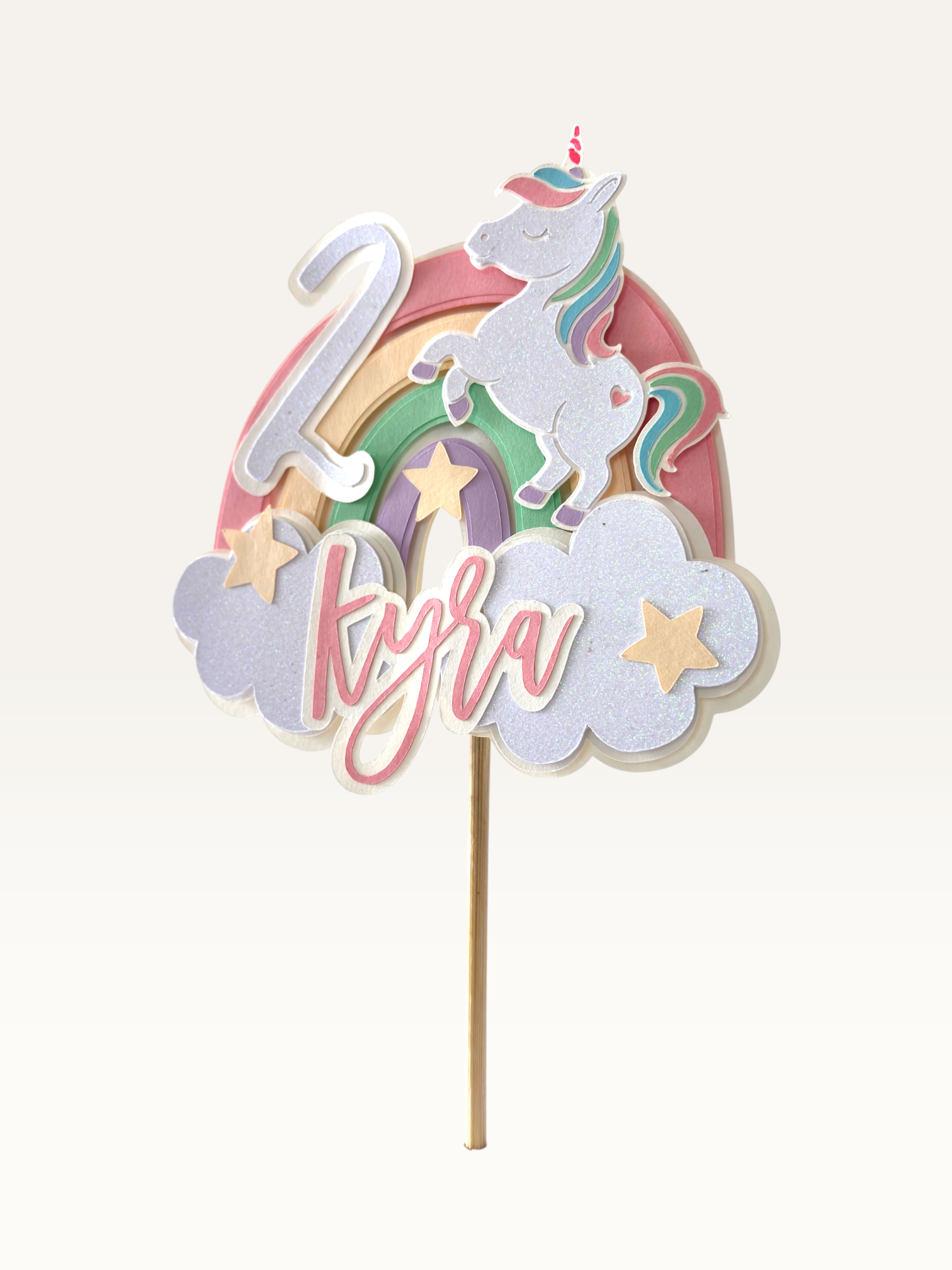 Paper Party Studio personalised unicorn cake topper with name and age in pastel colours