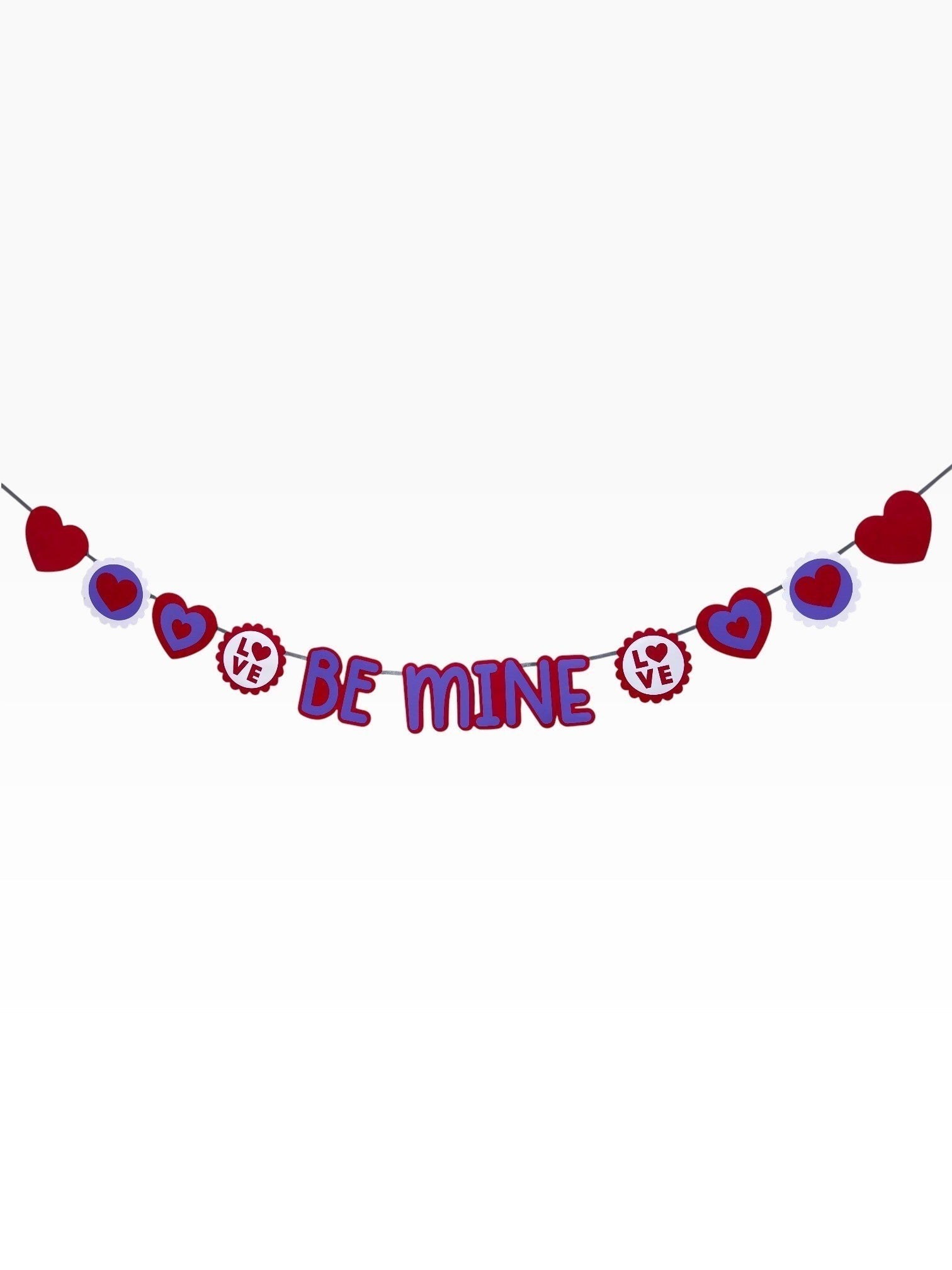 Paper Party Studio red and purple cardstock "BE MINE" banner with hearts and LOVE medallions. Perfect for Valentine's Day.