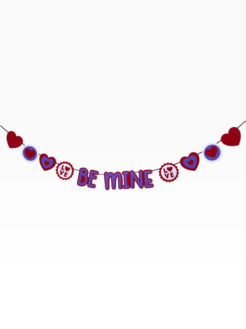 Paper Party Studio red and purple cardstock "BE MINE" banner with hearts and LOVE medallions. Perfect for Valentine's Day.