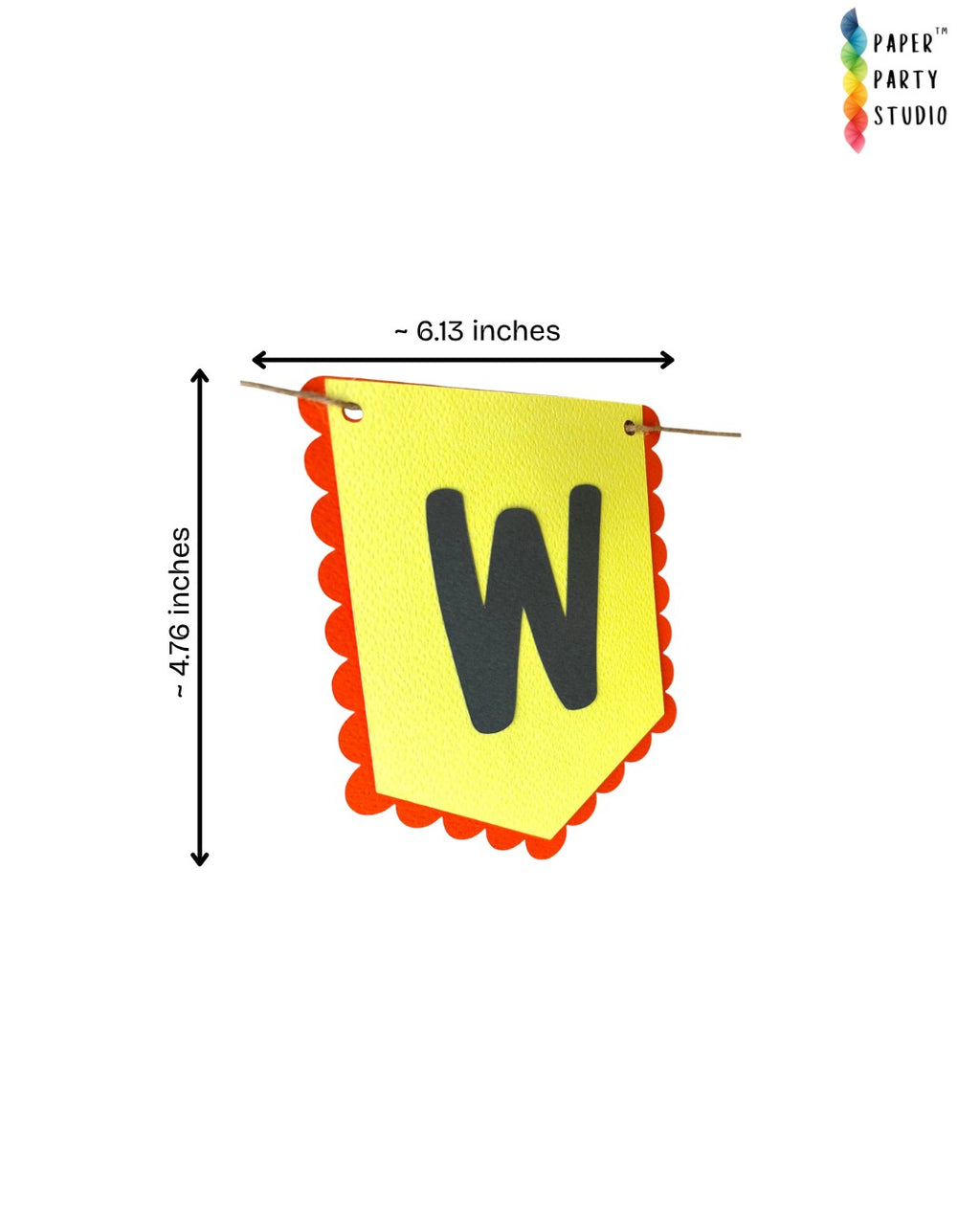 Paper Party Studio yellow and red scalloped welcome banner flag with a bold black letter W on premium cardstock.