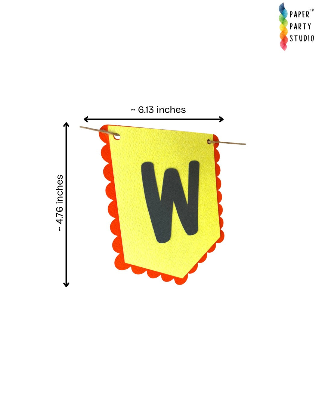 Paper Party Studio yellow and red scalloped welcome banner flag with a bold black letter W on premium cardstock.