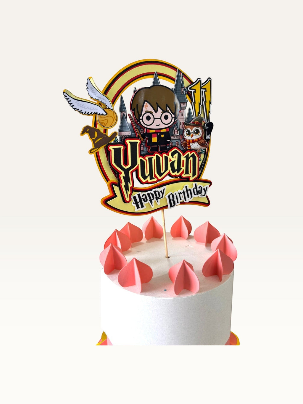 Paper Party Studio personalised wizard school cake topper featuring a young wizard, owl, and castle on a birthday cake