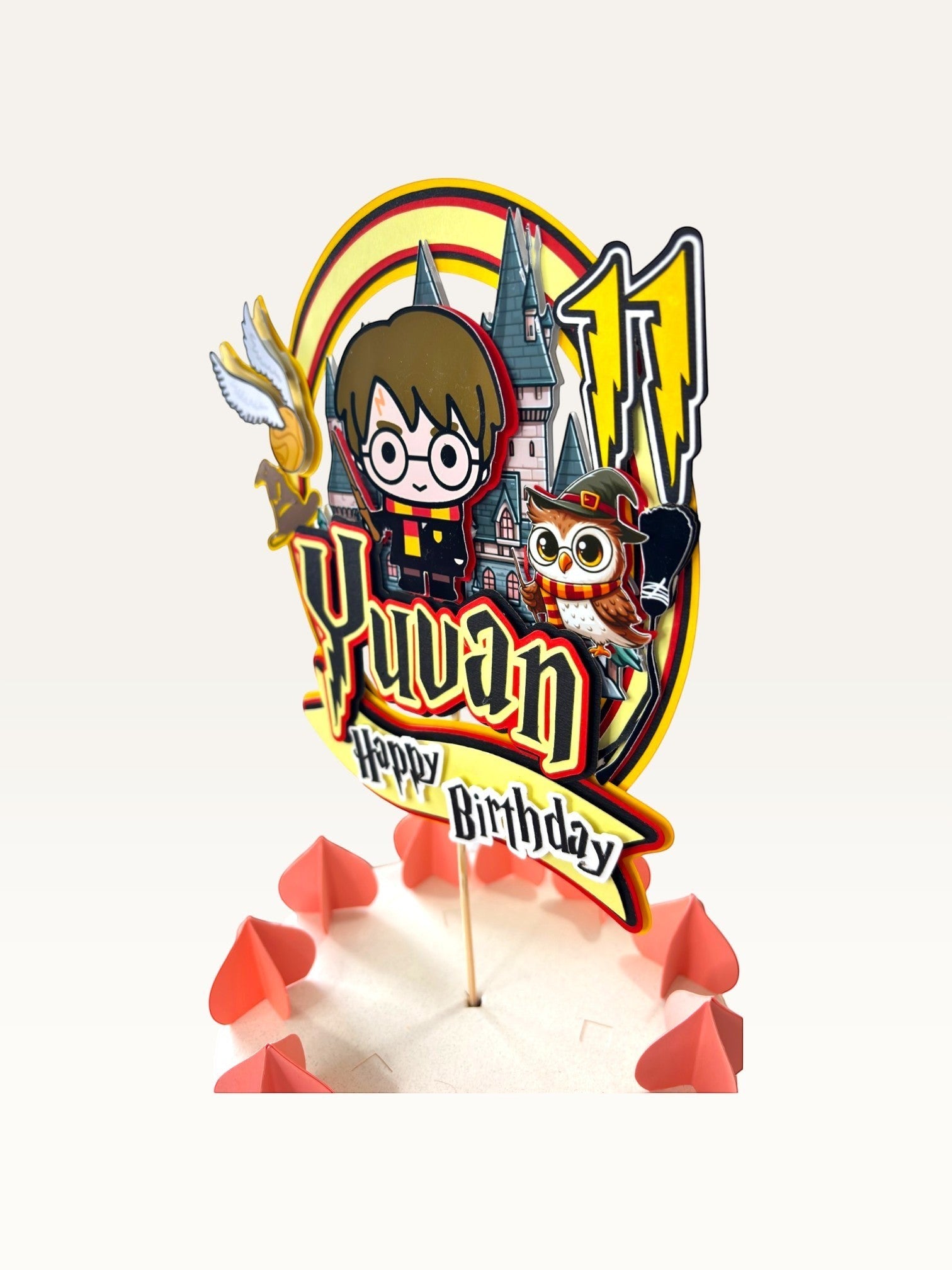 Paper Party Studio personalised wizard school cake topper featuring a young wizard, owl, castle, and birthday age.