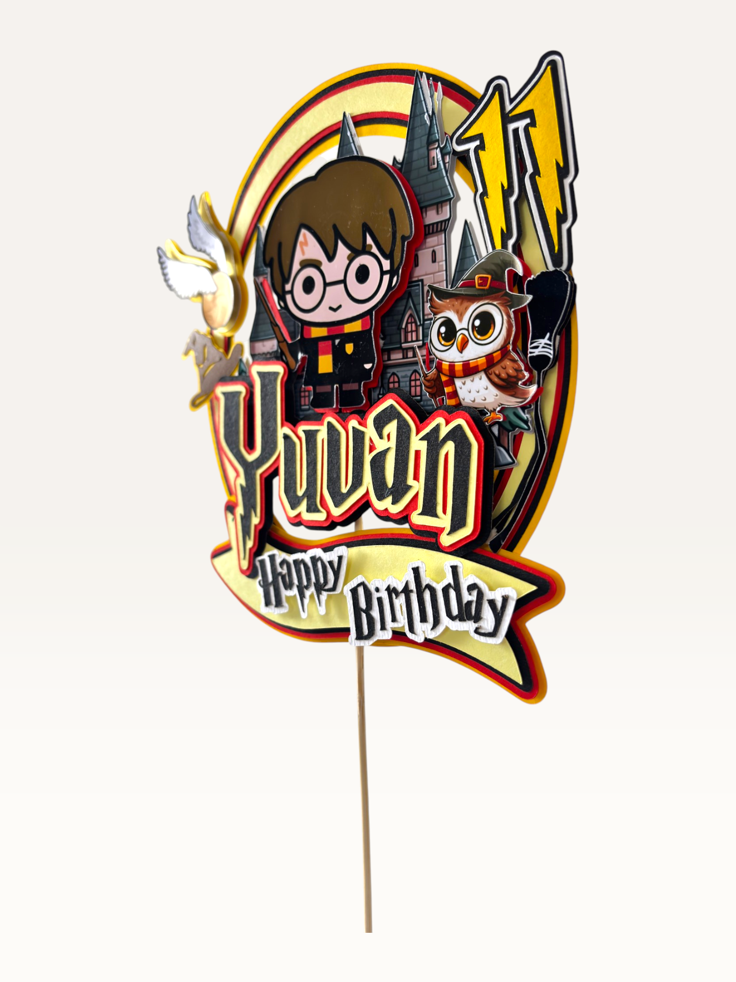Paper Party Studio wizard school cake topper with layered castle and owl in red and gold