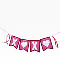 Paper Party Studio XOXO banner with white X and heart cut-outs on pink flags, red trim, and satin ribbon ties.