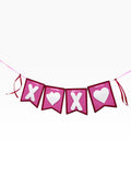 Paper Party Studio XOXO banner with white X and heart cut-outs on pink flags, red trim, and satin ribbon ties.